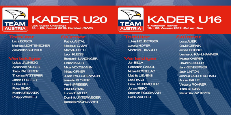 Spieler Kader der U20 und der U16 für die Turniere im August 2019
